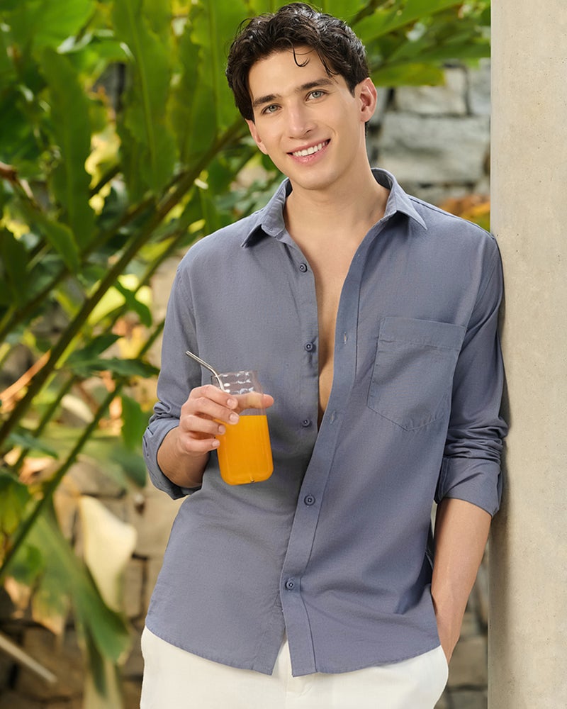 bewakoof Men's Dark Grey Cotton Linen Shirt - Image 1